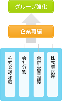 株式譲渡等・合併/営業譲渡・会社分割・株式交換/移転→企業再編→グループ強化